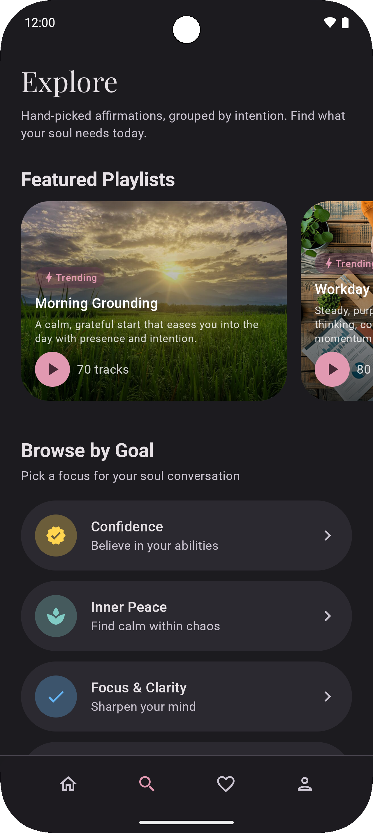 SoulSpeak explore page featuring playlists and goal-based browsing