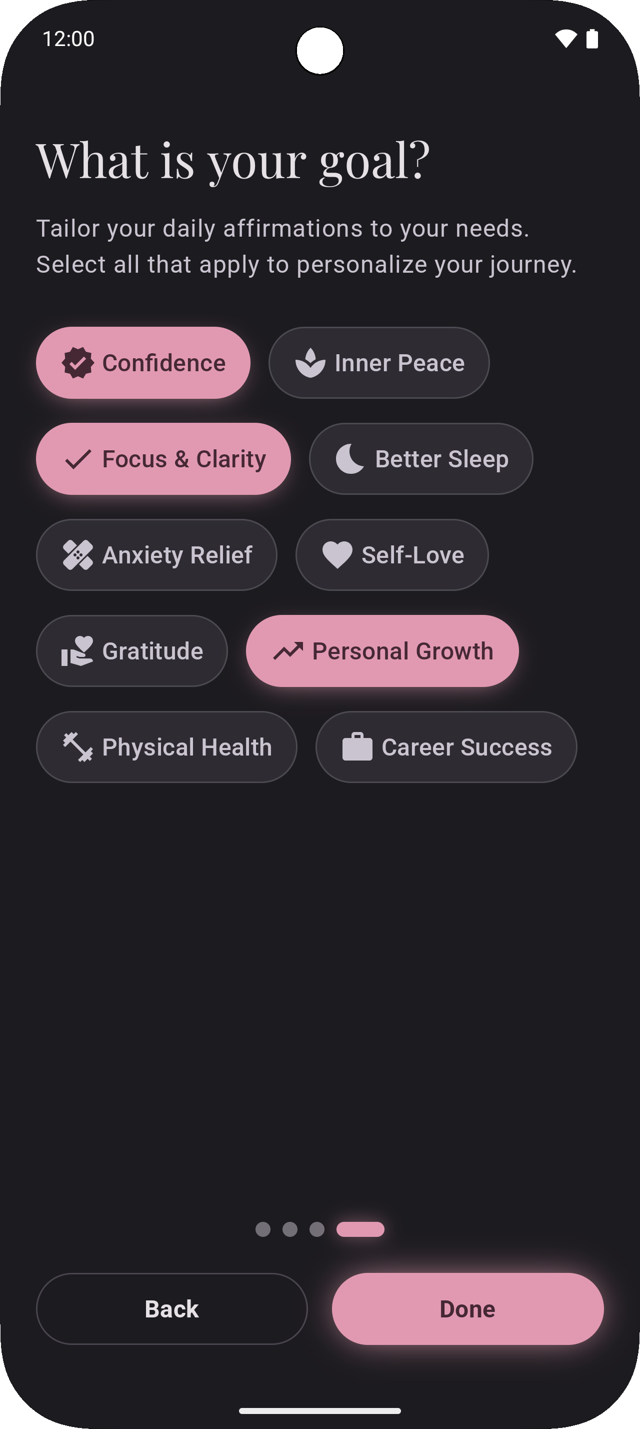 SoulSpeak goal selection screen with personalization options