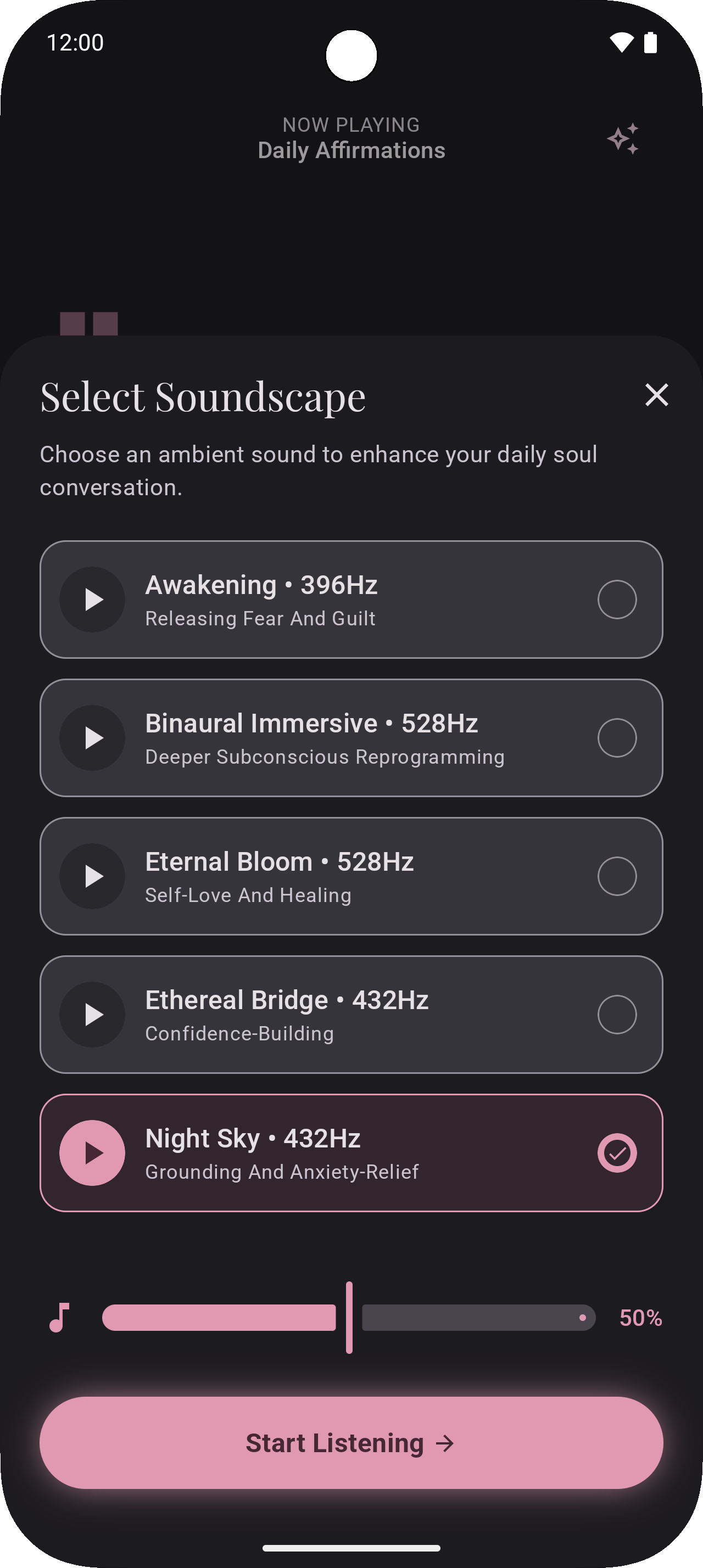 SoulSpeak soundscape selector with binaural and ambient sounds