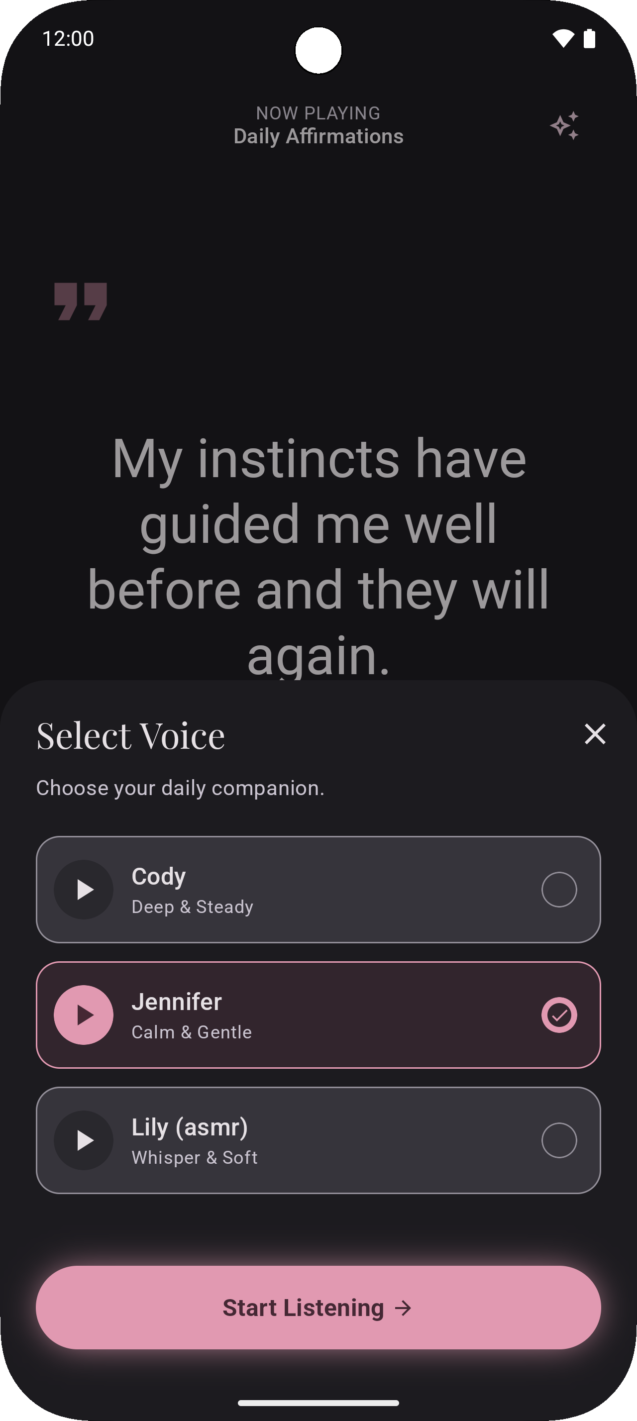 SoulSpeak voice selection screen to choose your daily companion