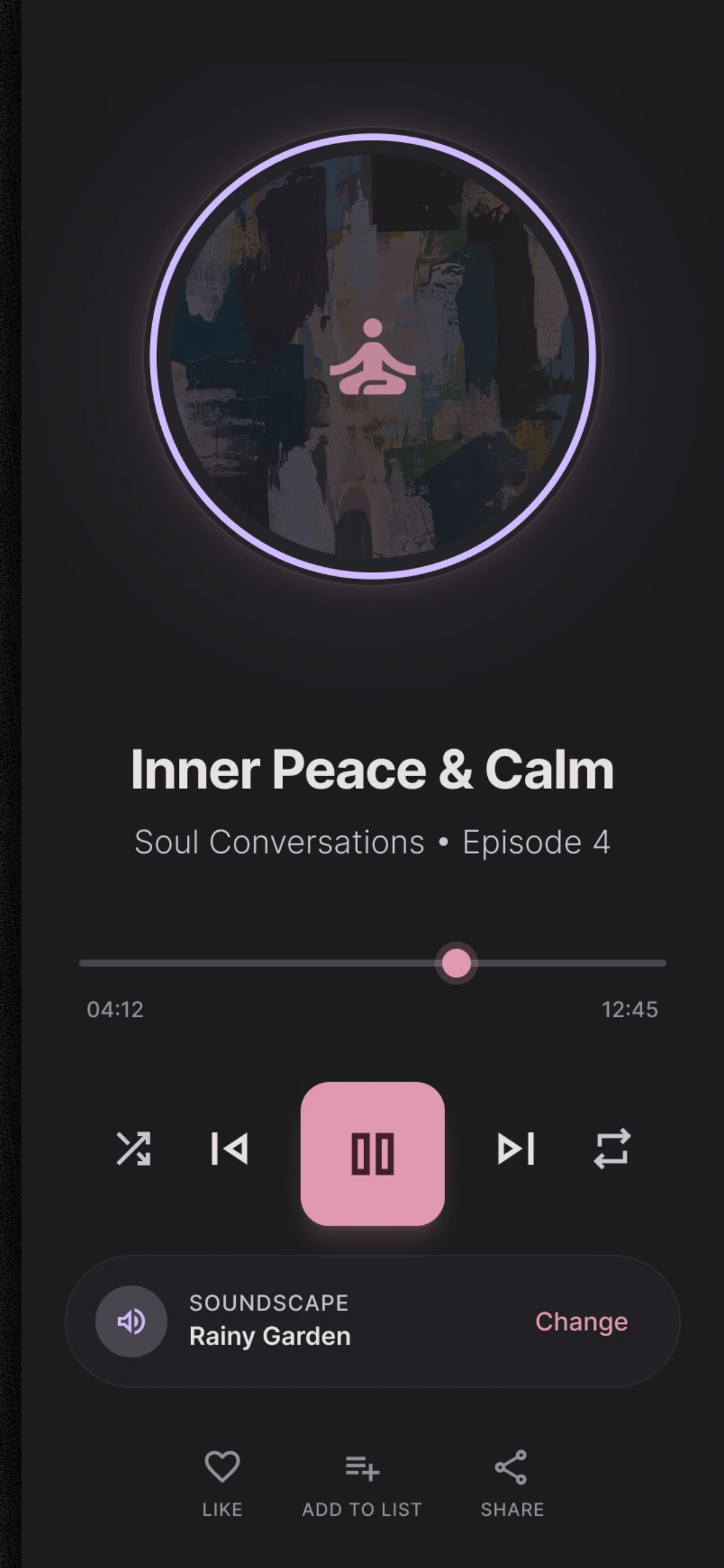 SoulSpeak app showing the affirmation player with Inner Peace & Calm episode