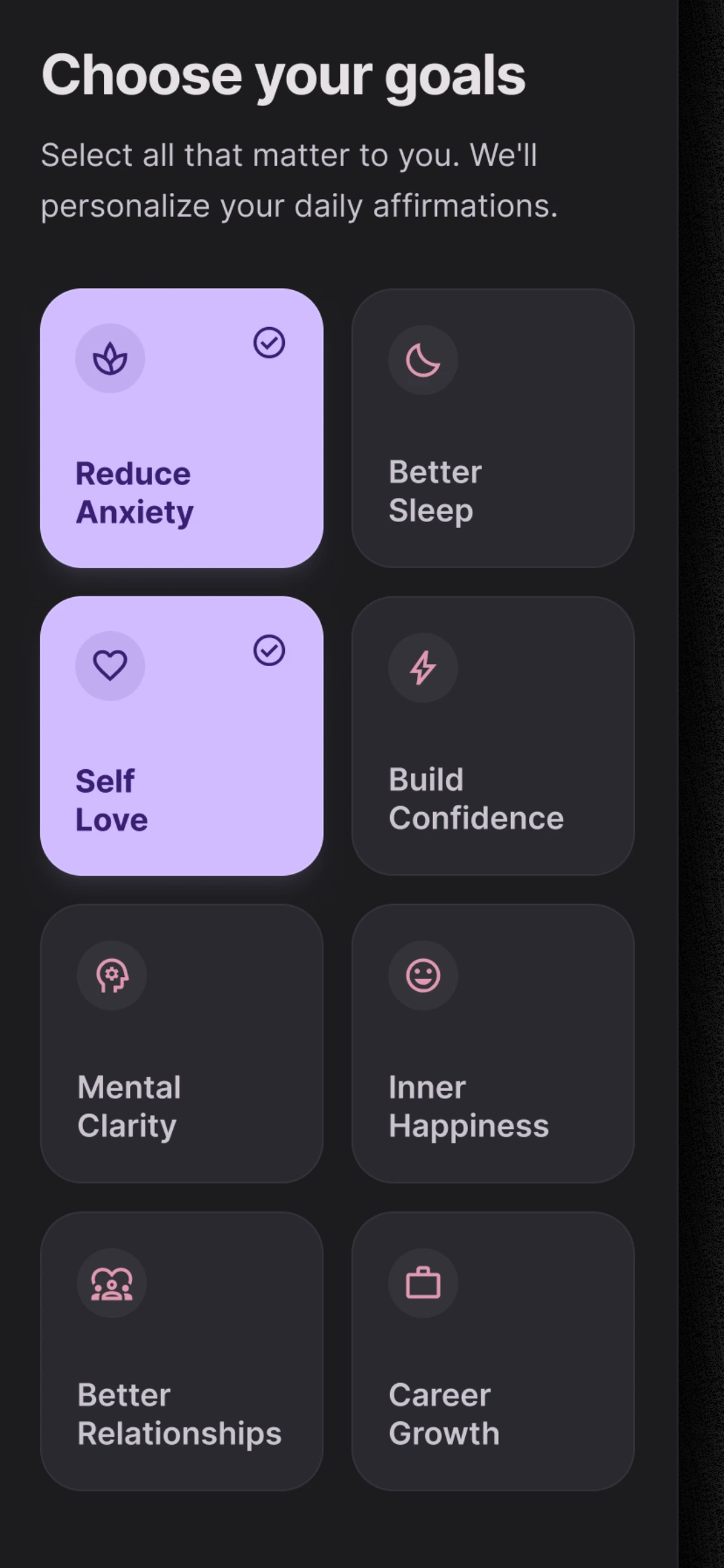 SoulSpeak app goal selection screen with personalization options